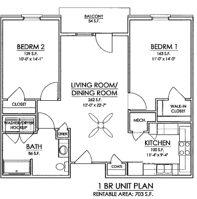 Floor plan for 2 beds, 1 bath, 937 sqft